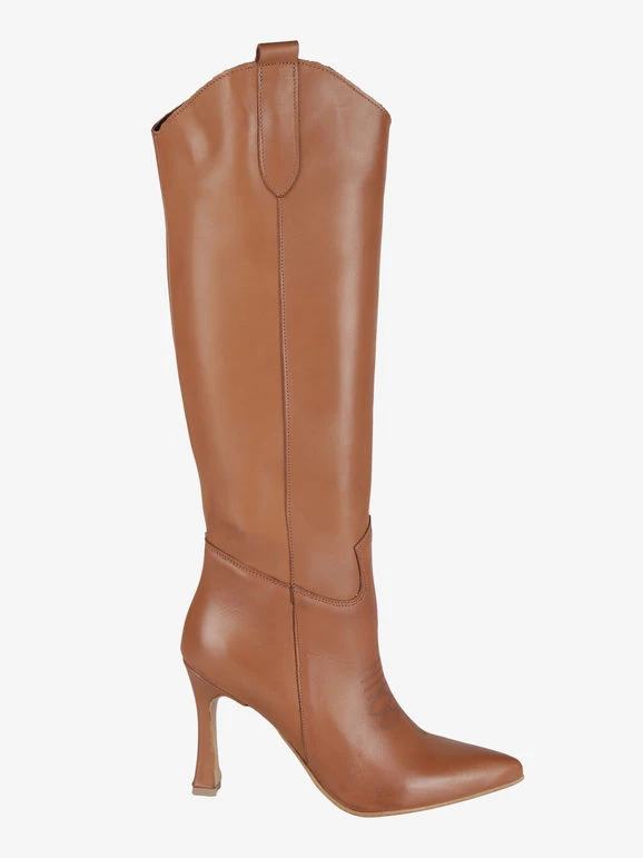 Stivali In Pelle Con Tacco E Ricamo - Cuoio 3 Stivali In Pelle Con Tacco E Ricamo - Cuoio - immagine 3