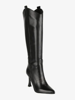 Stivali In Pelle Con Tacco E Ricamo - Nero