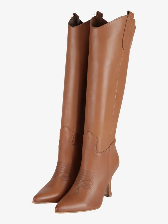 Stivali In Pelle Con Tacco E Ricamo - Cuoio 2 Stivali In Pelle Con Tacco E Ricamo - Cuoio - immagine 2