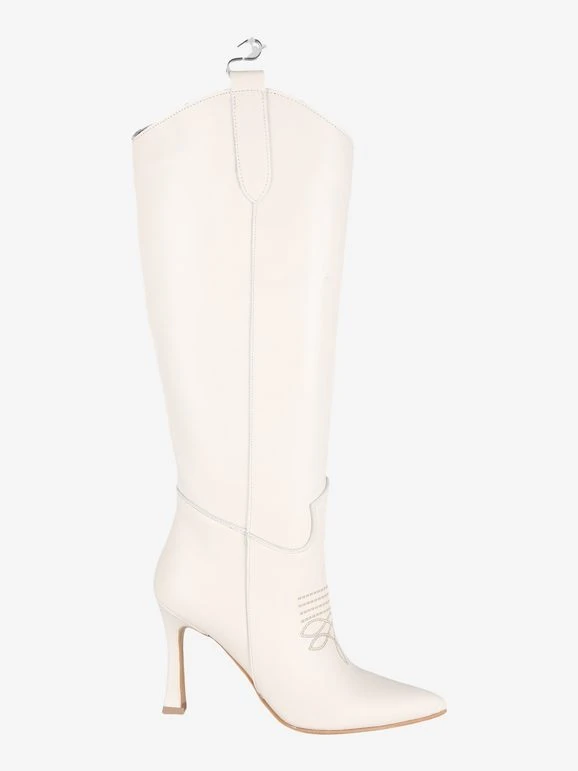 Stivali In Pelle Con Tacco E Ricamo - Panna 3 Stivali In Pelle Con Tacco E Ricamo - Panna - immagine 3