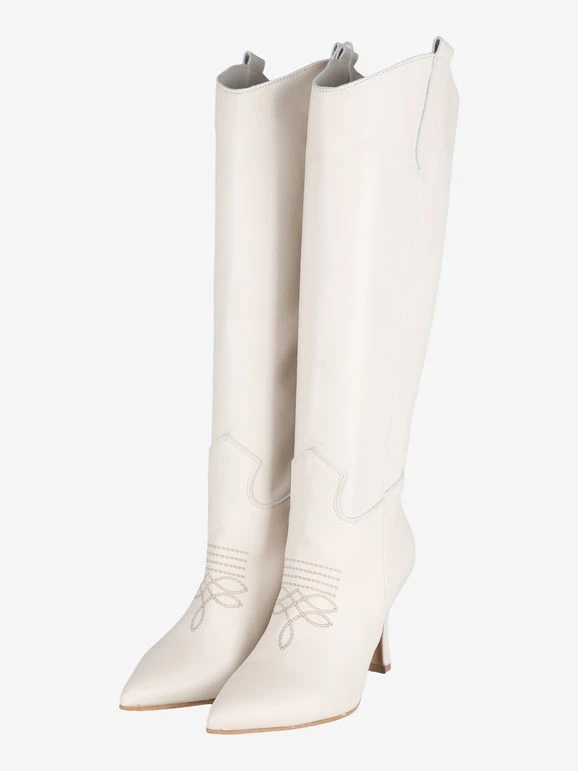 Stivali In Pelle Con Tacco E Ricamo - Panna 2 Stivali In Pelle Con Tacco E Ricamo - Panna - immagine 2