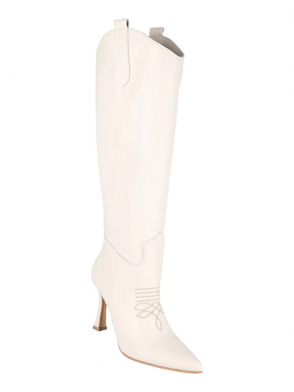 Stivali In Pelle Con Tacco E Ricamo - Panna 4 Stivali In Pelle Con Tacco E Ricamo - Panna - immagine 4