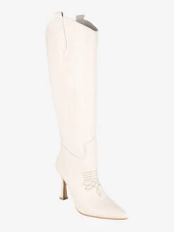 Stivali In Pelle Con Tacco E Ricamo - Panna