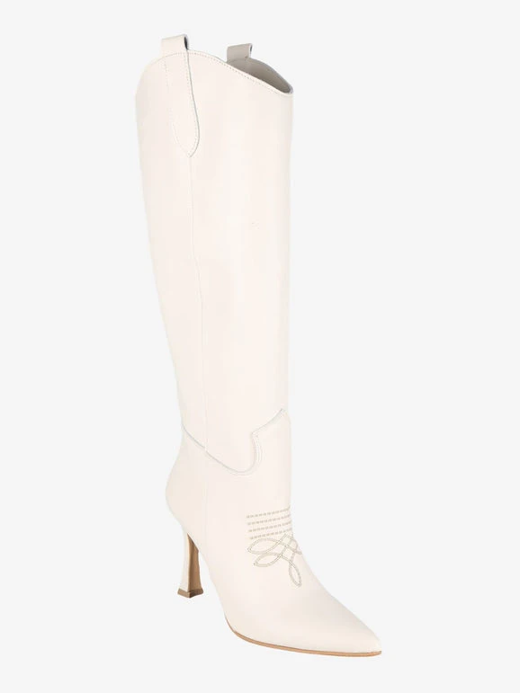 Stivali In Pelle Con Tacco E Ricamo - Panna 1 Stivali In Pelle Con Tacco E Ricamo - Panna