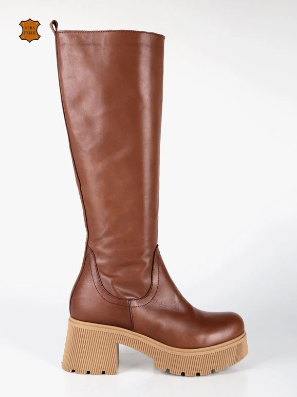 MADE IN ITALY Stivali In Pelle Da Donna Con Tacco E Plateau - Cuoio 4 MADE IN ITALY Stivali In Pelle Da Donna Con Tacco E Plateau - Cuoio - immagine 4