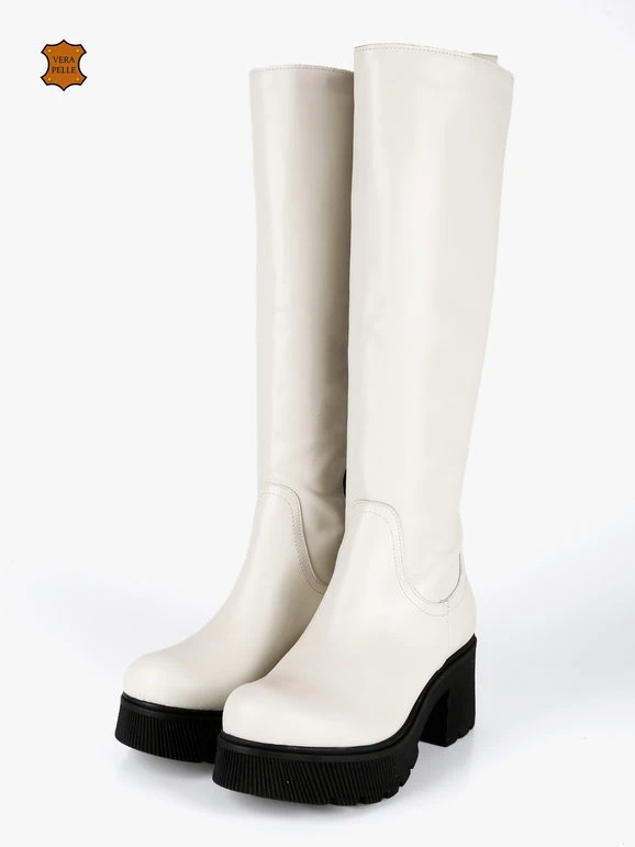 MADE IN ITALY Stivali In Pelle Da Donna Con Tacco E Plateau - Bianco 2 MADE IN ITALY Stivali In Pelle Da Donna Con Tacco E Plateau - Bianco - immagine 2