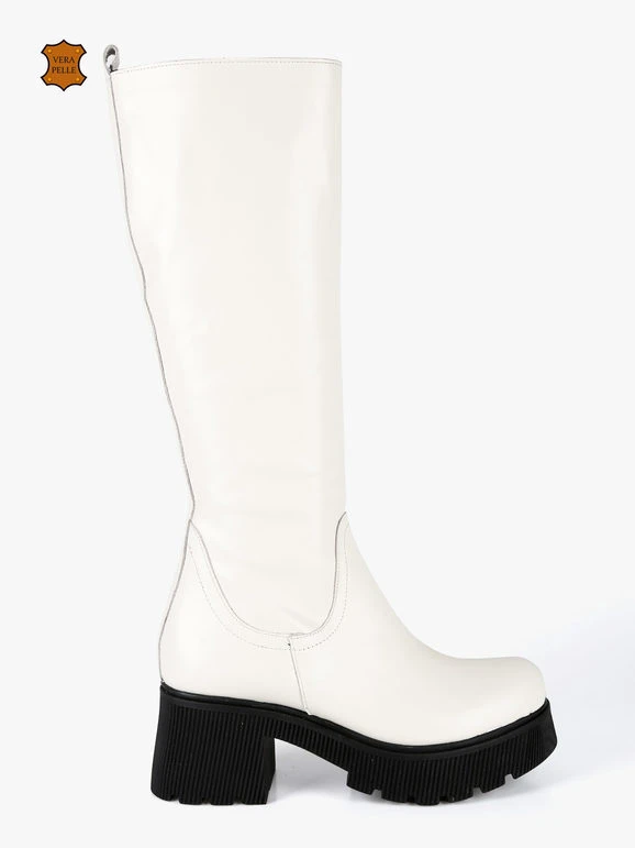 MADE IN ITALY Stivali In Pelle Da Donna Con Tacco E Plateau - Bianco 3 MADE IN ITALY Stivali In Pelle Da Donna Con Tacco E Plateau - Bianco - immagine 3