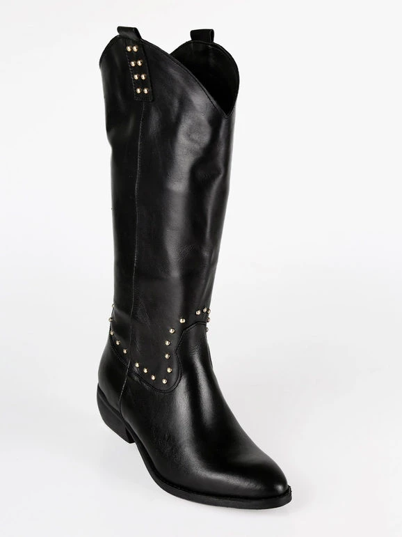 Stivali In Pelle Donna Texani Con Borchie - Nero 2 Stivali In Pelle Donna Texani Con Borchie - Nero - immagine 2