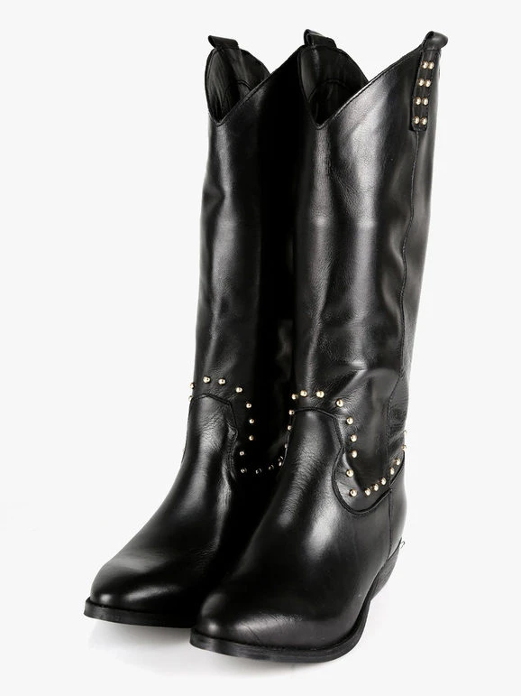 Stivali In Pelle Donna Texani Con Borchie - Nero 3 Stivali In Pelle Donna Texani Con Borchie - Nero - immagine 3