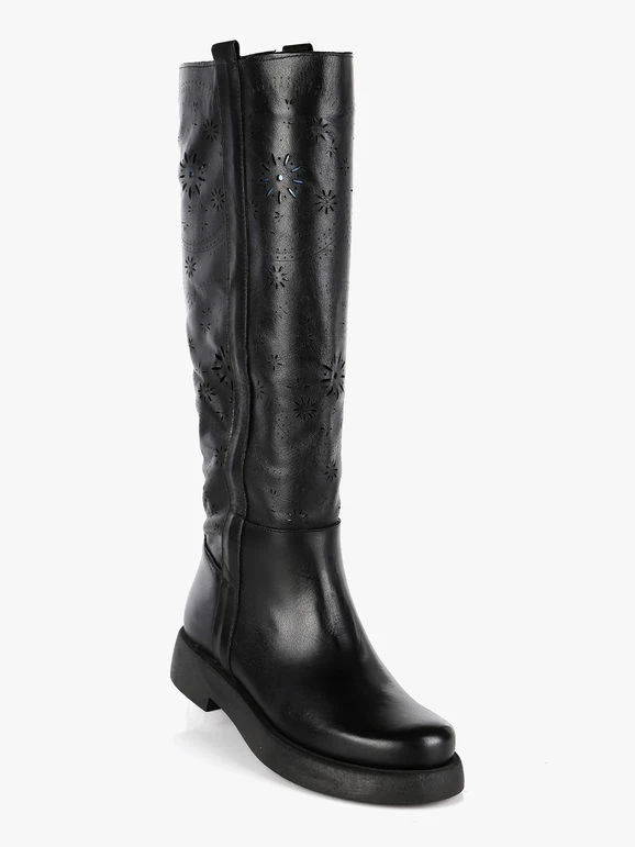 Stivali In Pelle Traforata Donna - Nero 2 Stivali In Pelle Traforata Donna - Nero - immagine 2