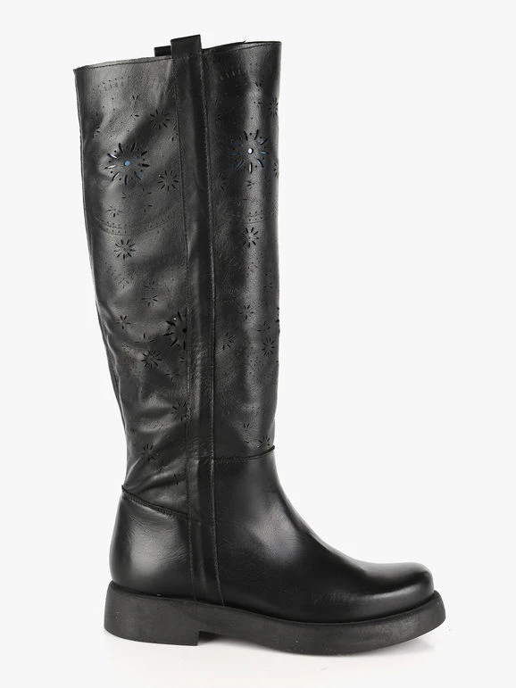 Stivali In Pelle Traforata Donna - Nero 4 Stivali In Pelle Traforata Donna - Nero - immagine 4
