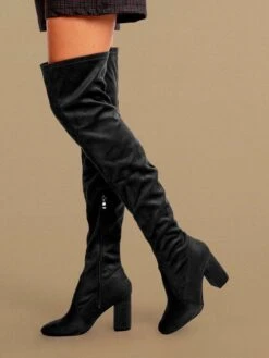 Stivali Sopra Il Ginocchio Scamosciati Con Tacco - Nero